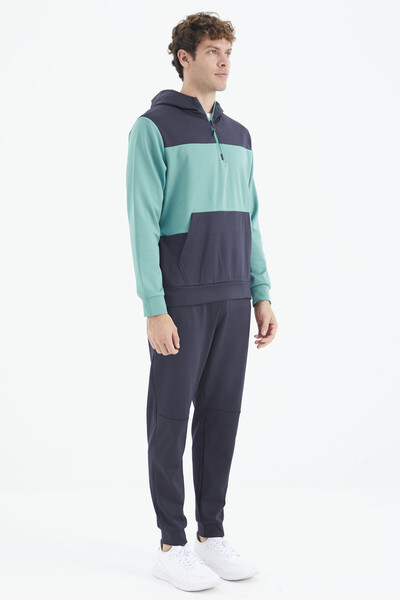 Tommylife Wholesale Sea Green - Navy Blue Hooded Half Zip Men's Tracksuit Set - 85214 - Thumbnail