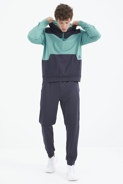 Tommylife Wholesale Sea Green - Navy Blue Hooded Half Zip Men's Tracksuit Set - 85214 - Thumbnail