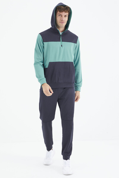 Tommylife Wholesale Sea Green - Navy Blue Hooded Half Zip Men's Tracksuit Set - 85214 - Thumbnail