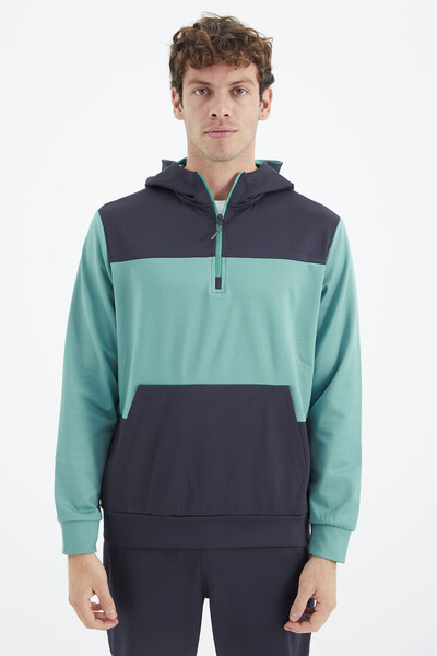 Tommylife Wholesale Sea Green - Navy Blue Hooded Half Zip Men's Tracksuit Set - 85214 - Thumbnail