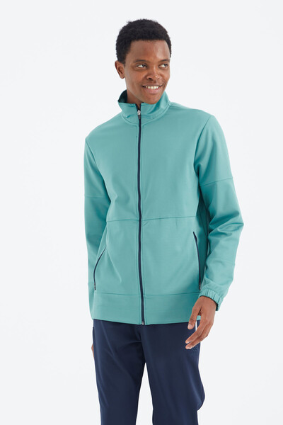 Tommylife Wholesale Sea Green Stand Collar Zippered Relaxed Fit Men's Sweatshirt - 88273 - Thumbnail