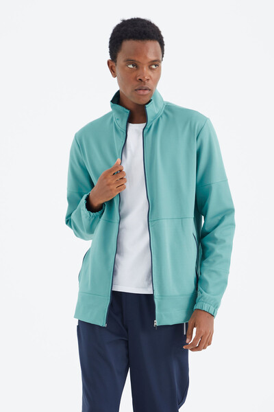 Tommylife Wholesale Sea Green Stand Collar Zippered Relaxed Fit Men's Sweatshirt - 88273 - Thumbnail