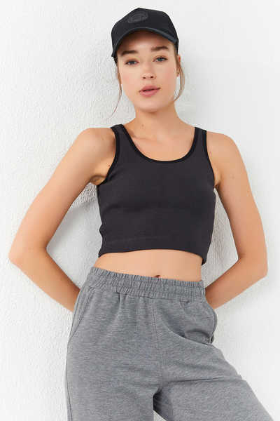 Tommylife Wholesale Smoke Gray Sleeveless Skinny Fit U Collar Women's Crop Top - 97160 - Thumbnail