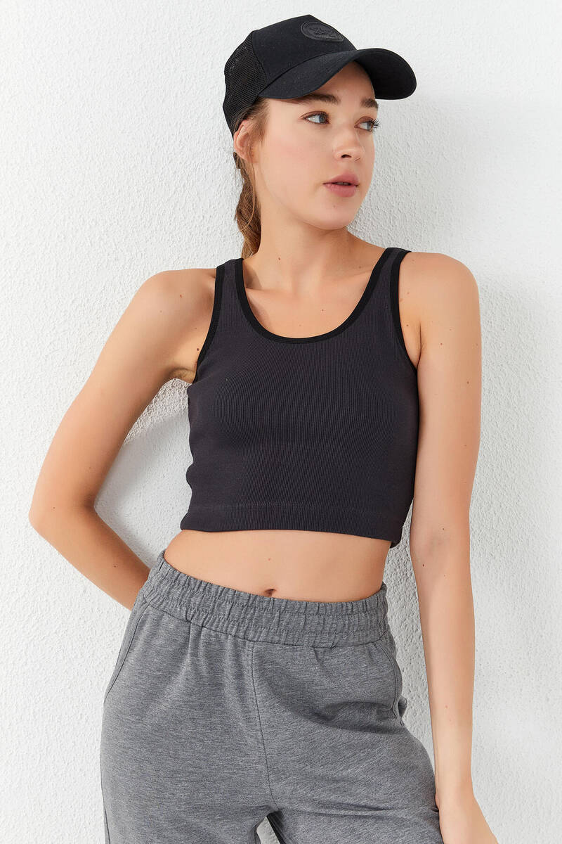 TOMMYLIFE - Tommylife Wholesale Smoke Gray Sleeveless Skinny Fit U Collar Women's Crop Top - 97160