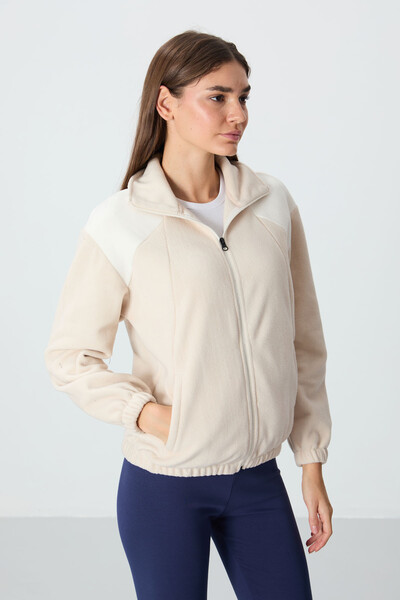 Tommylife Wholesale Stand Collar Oversize Zippered Women's Fleece Sweatshirt 97293 Beige - Thumbnail