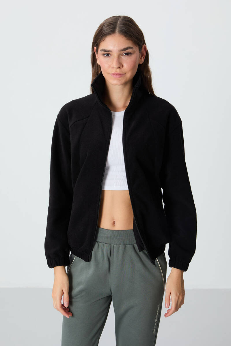 TommyLife - Tommylife Wholesale Stand Collar Oversize Zippered Women's Fleece Sweatshirt 97293 Black