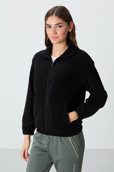 Tommylife Wholesale Stand Collar Oversize Zippered Women's Fleece Sweatshirt 97293 Black - Thumbnail