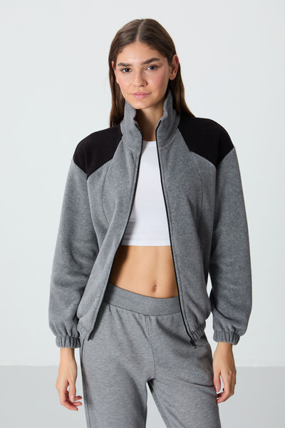 Tommylife Wholesale Stand Collar Oversize Zippered Women's Fleece Sweatshirt 97293 Gray Melange - Thumbnail