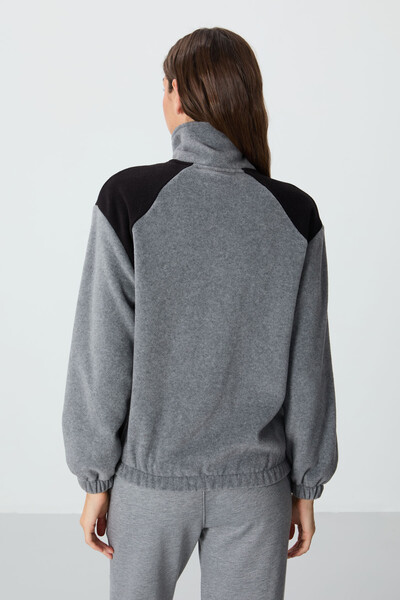 Tommylife Wholesale Stand Collar Oversize Zippered Women's Fleece Sweatshirt 97293 Gray Melange - Thumbnail