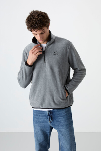 Tommylife Wholesale Stand Collar Slim Fit Half Zip Men's Fleece Sweatshirt 87891 Gray Melange - 3