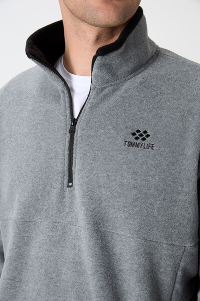 Tommylife Wholesale Stand Collar Slim Fit Half Zip Men's Fleece Sweatshirt 87891 Gray Melange - 5