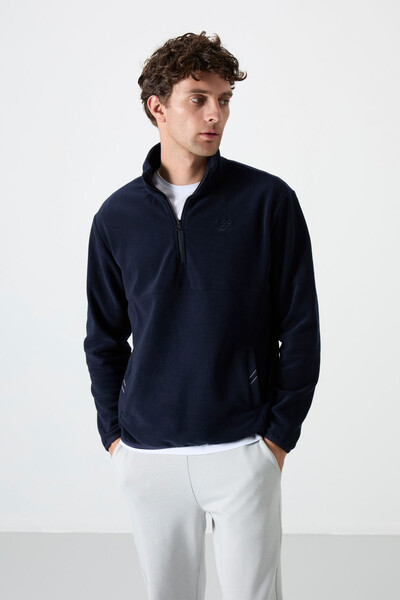 Tommylife Wholesale Stand Collar Slim Fit Half Zip Men's Fleece Sweatshirt 87891 Navy Blue - 3