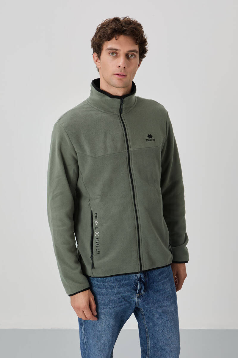 TOMMYLIFE - Tommylife Wholesale Stand Collar Standard Fit Zippered Men's Fleece Sweatshirt 87992 Almond Green