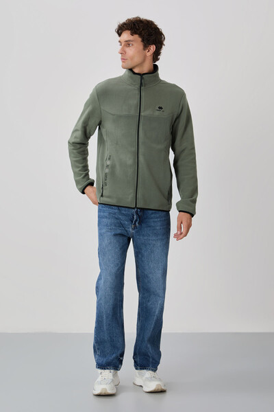 Tommylife Wholesale Stand Collar Standard Fit Zippered Men's Fleece Sweatshirt 87992 Almond Green - Thumbnail