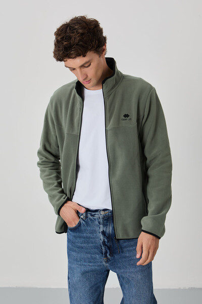 Tommylife Wholesale Stand Collar Standard Fit Zippered Men's Fleece Sweatshirt 87992 Almond Green - Thumbnail