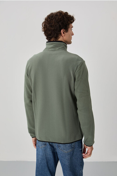 Tommylife Wholesale Stand Collar Standard Fit Zippered Men's Fleece Sweatshirt 87992 Almond Green - Thumbnail