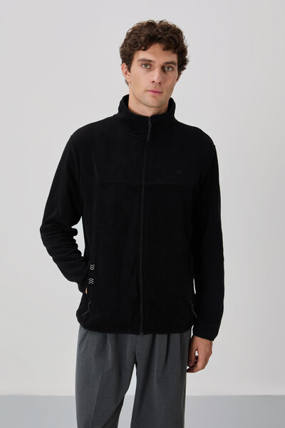 Tommylife Wholesale Stand Collar Standard Fit Zippered Men's Fleece Sweatshirt 87992 Black - Thumbnail