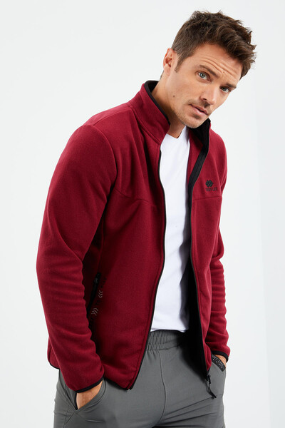 TOMMYLIFE - Tommylife Wholesale Stand Collar Standard Fit Zippered Men's Fleece Sweatshirt 87992 Bordeaux