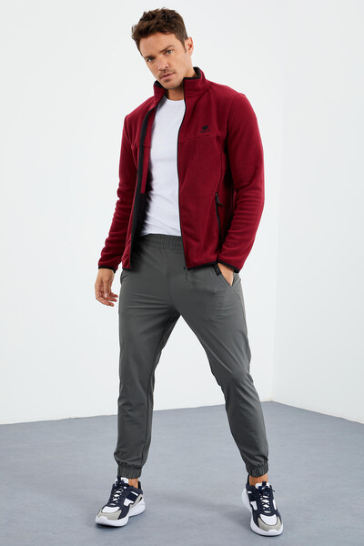 Tommylife Wholesale Stand Collar Standard Fit Zippered Men's Fleece Sweatshirt 87992 Bordeaux - Thumbnail