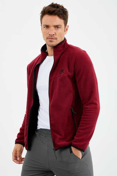 Tommylife Wholesale Stand Collar Standard Fit Zippered Men's Fleece Sweatshirt 87992 Bordeaux - Thumbnail