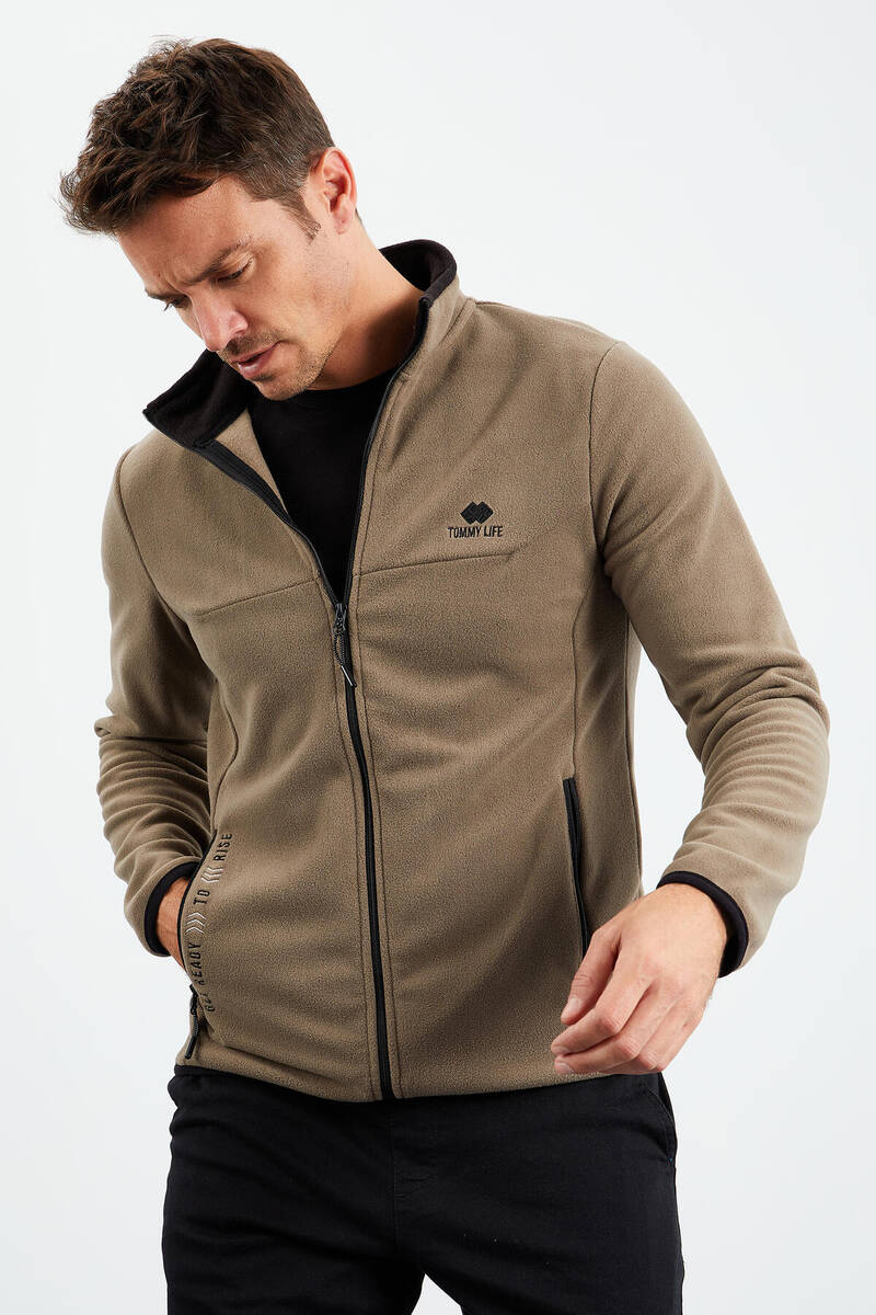 TOMMYLIFE - Tommylife Wholesale Stand Collar Standard Fit Zippered Men's Fleece Sweatshirt 87992 Camel