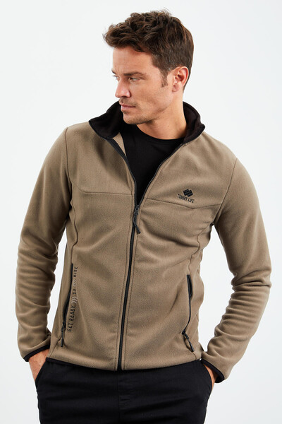 Tommylife Wholesale Stand Collar Standard Fit Zippered Men's Fleece Sweatshirt 87992 Camel - Thumbnail