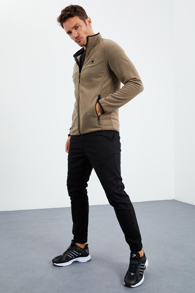 Tommylife Wholesale Stand Collar Standard Fit Zippered Men's Fleece Sweatshirt 87992 Camel - Thumbnail