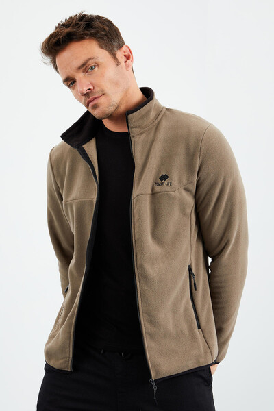 Tommylife Wholesale Stand Collar Standard Fit Zippered Men's Fleece Sweatshirt 87992 Camel - Thumbnail