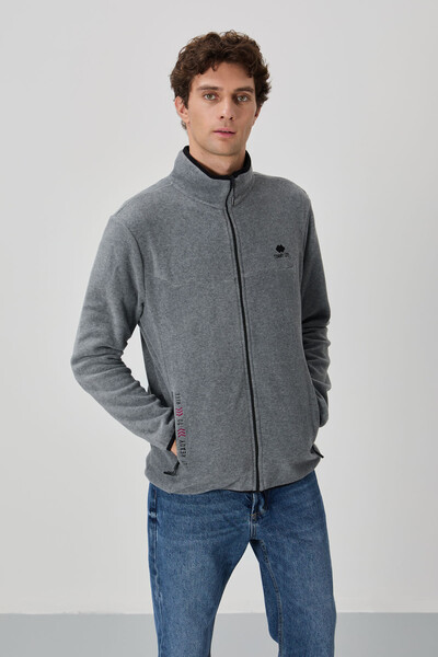 Tommylife Wholesale Stand Collar Standard Fit Zippered Men's Fleece Sweatshirt 87992 Gray Melange - Thumbnail