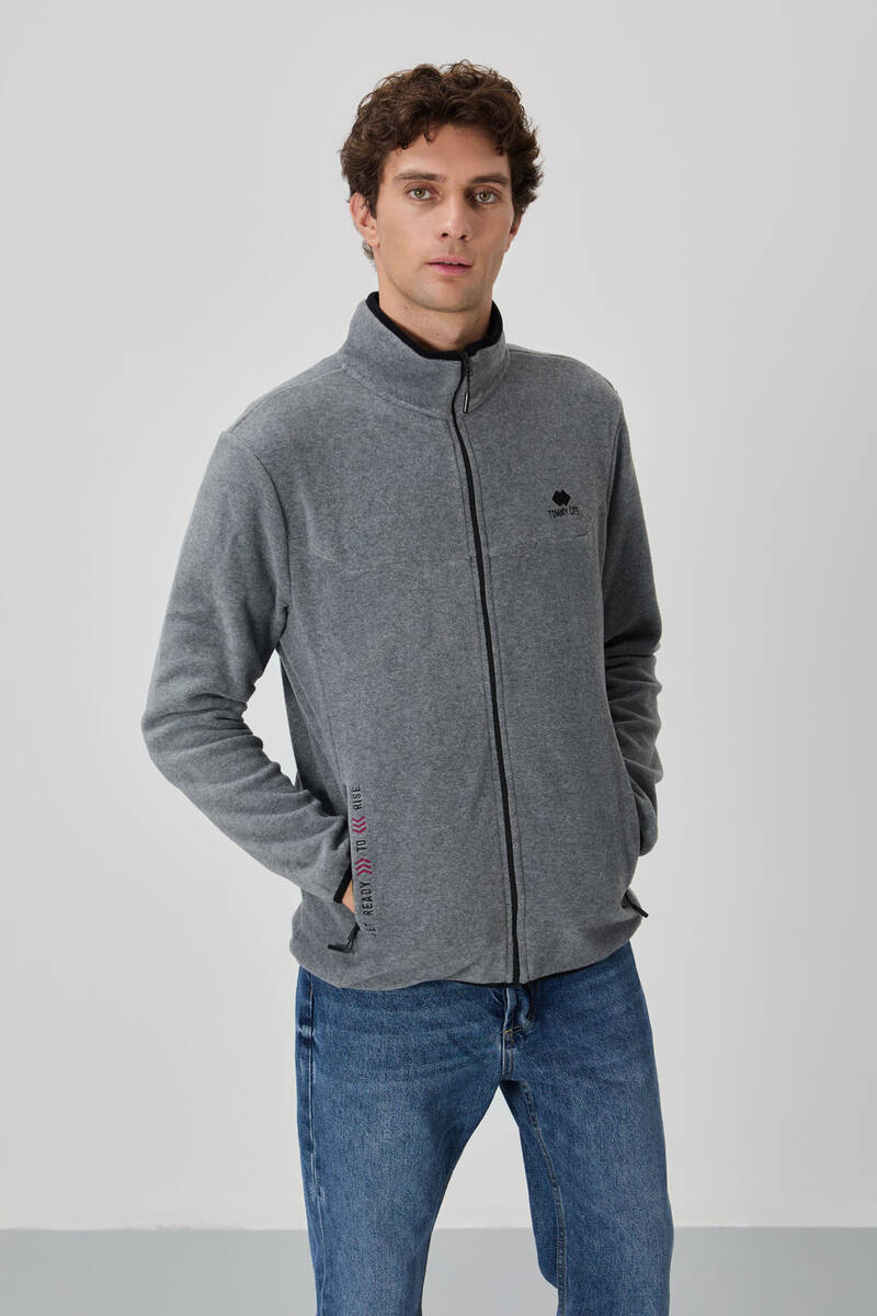 TOMMYLIFE - Tommylife Wholesale Stand Collar Standard Fit Zippered Men's Fleece Sweatshirt 87992 Gray Melange
