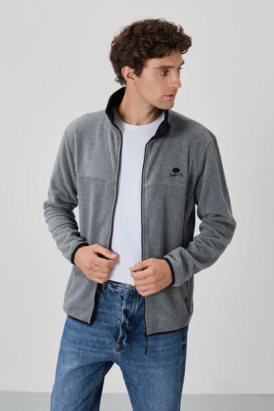 Tommylife Wholesale Stand Collar Standard Fit Zippered Men's Fleece Sweatshirt 87992 Gray Melange - Thumbnail