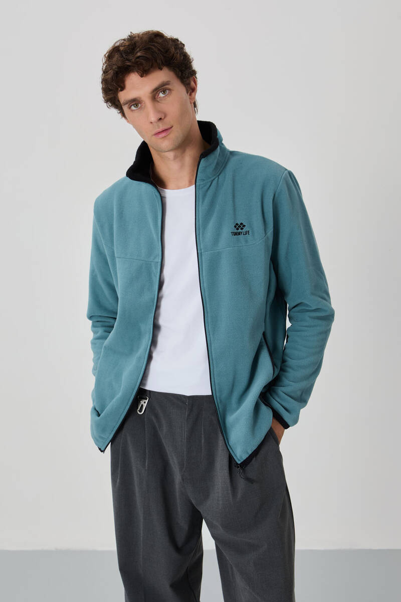 TOMMYLIFE - Tommylife Wholesale Stand Collar Standard Fit Zippered Men's Fleece Sweatshirt 87992 Mint Green