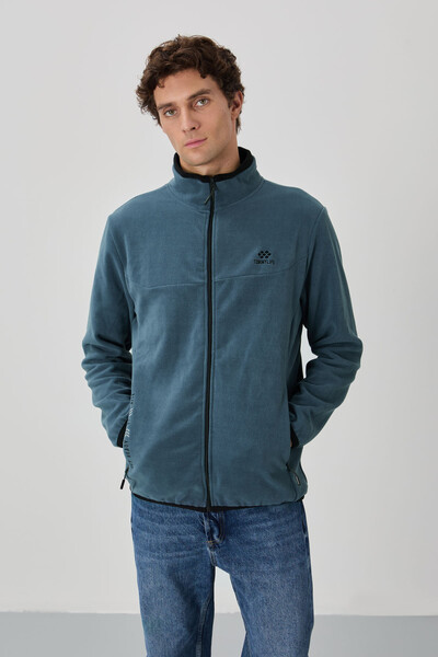 Tommylife Wholesale Stand Collar Standard Fit Zippered Men's Fleece Sweatshirt 87992 Petrol Blue - Thumbnail