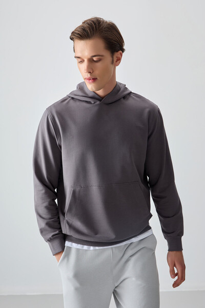 Tommylife Wholesale Standard Fit Basic Men's Hooded Sweatshirt 88362 Dark Gray - Thumbnail