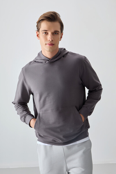 Tommylife Wholesale Standard Fit Basic Men's Hooded Sweatshirt 88362 Dark Gray - Thumbnail