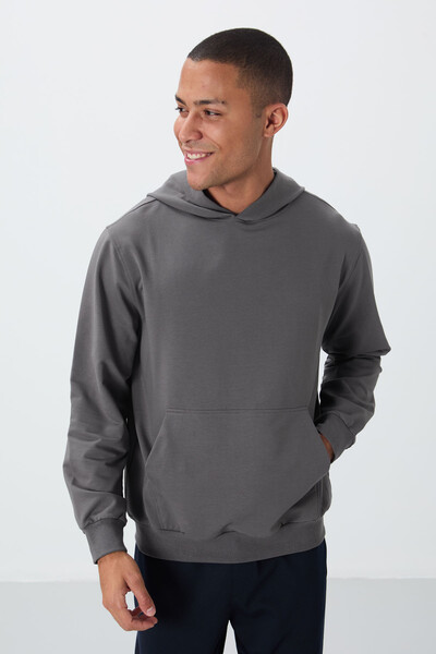 Tommylife Wholesale Standard Fit Basic Men's Hooded Sweatshirt 88362 Dark Gray - Thumbnail