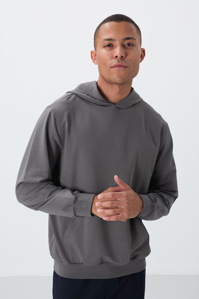 Tommylife Wholesale Standard Fit Basic Men's Hooded Sweatshirt 88362 Dark Gray - Thumbnail