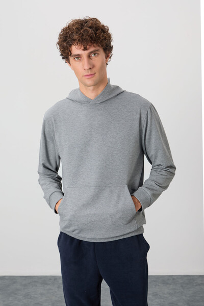 Tommylife Wholesale Standard Fit Basic Men's Hooded Sweatshirt 88362 Gray Melange - Thumbnail