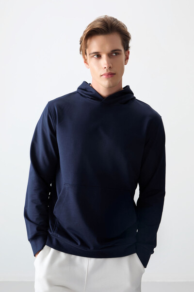 Tommylife Wholesale Standard Fit Basic Men's Hooded Sweatshirt 88362 Indigo - Thumbnail
