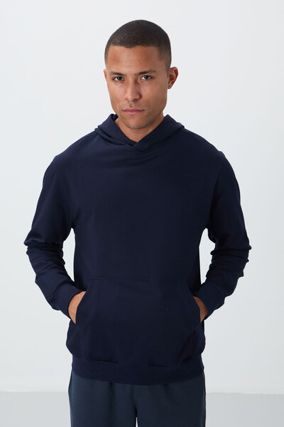 Tommylife Wholesale Standard Fit Basic Men's Hooded Sweatshirt 88362 Indigo - Thumbnail