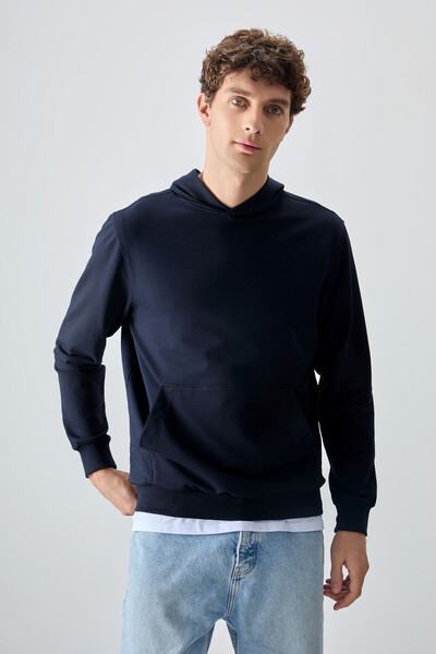 Tommylife Wholesale Standard Fit Basic Men's Hooded Sweatshirt 88362 Navy Blue - Thumbnail