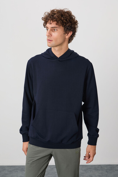 Tommylife Wholesale Standard Fit Basic Men's Hooded Sweatshirt 88362 Navy Blue - Thumbnail