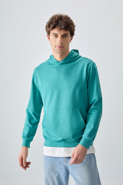 Tommylife Wholesale Standard Fit Basic Men's Hooded Sweatshirt 88362 Sea Green - Thumbnail