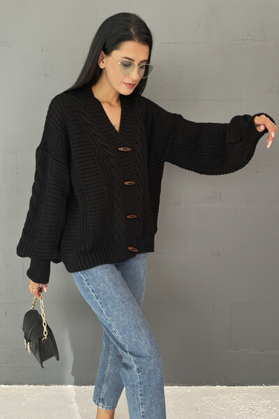 Tommylife Wholesale Standard Fit Button-up Women's Knit Cardigan 02028 Black - Thumbnail