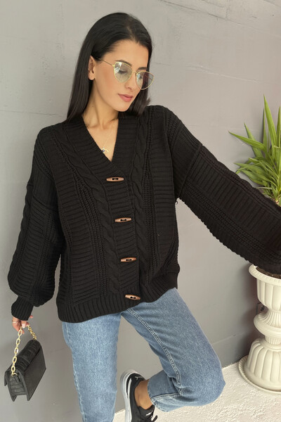 Tommylife Wholesale Standard Fit Button-up Women's Knit Cardigan 02028 Black - Thumbnail
