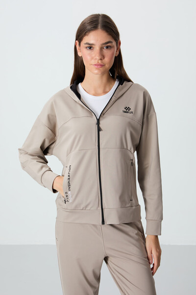 Tommylife Wholesale Standard Fit Hooded Women's Tracksuit Set 95306 Dark Beige - Thumbnail