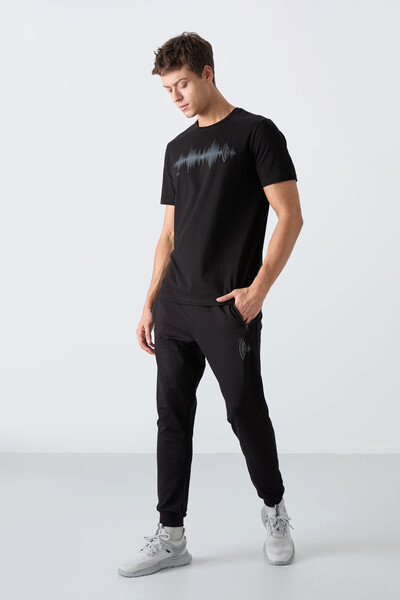 Tommylife Wholesale Standard Fit Men's T-Shirt Tracksuit Set 85244 Black - Thumbnail