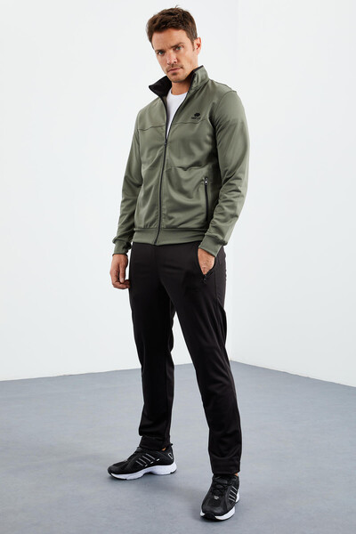 Tommylife Wholesale Standard Fit Stand Collar Men's Tracksuit Set 85162 Almond Green - Black - Thumbnail