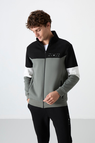 Tommylife Wholesale Standard Fit Zippered Sweat Men's Tracksuit Set 85186 Almond Green - Black - Thumbnail