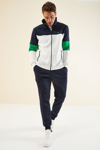 Tommylife Wholesale Standard Fit Zippered Sweat Men's Tracksuit Set 85186 Ecru - Indigo - Thumbnail